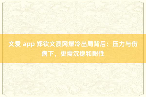 文爱 app 郑钦文澳网爆冷出局背后：压力与伤病下，更需沉稳和耐性